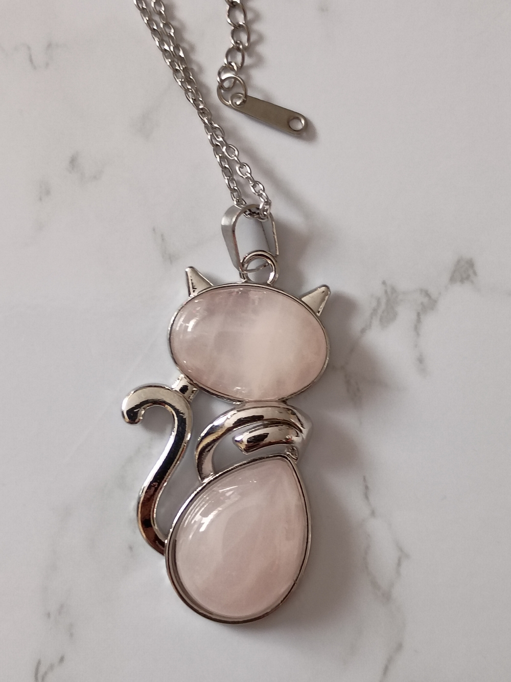 Rose Quartz Natural Crystal Gemstones Cat Pendant Necklace Stainless Steel 17in